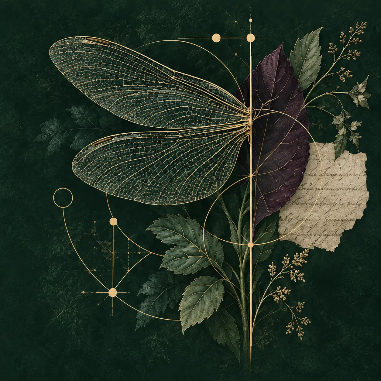 A delicate gold dragonfly wing meets leaf veins, archival paper and geometric connections.