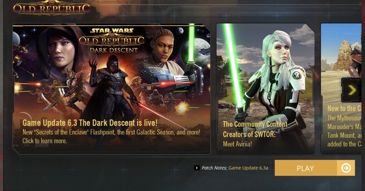 SWTOR game launcher displaying the Community Content Creators feature, Meet Aviriia.