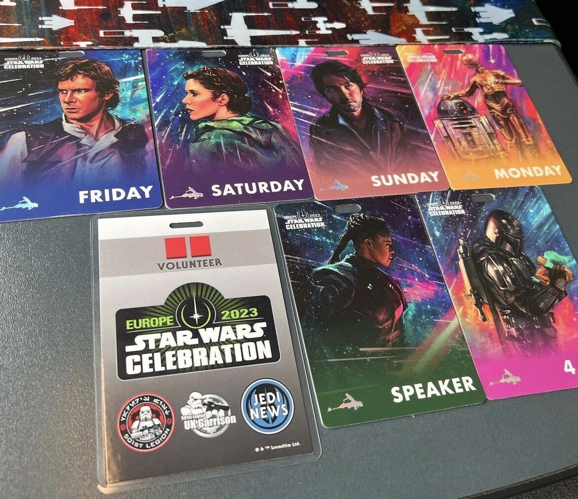 Visitor, volunteer and speaker badges for Star Wars Celebration Europe 2023.